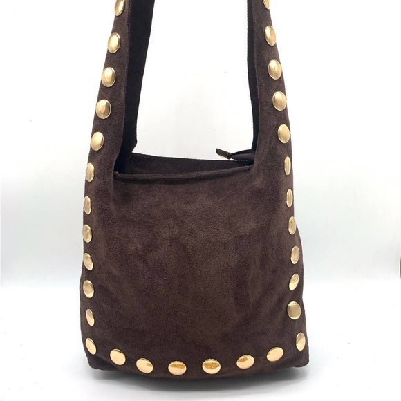 Chic Brown Shoulder Bag with Gold Studs - Picture 1 of 4